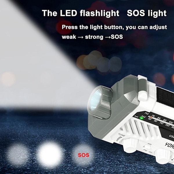 Nødradio AM/FM/NOAA, håndsveivt batteridrevet solradio med LED-lommelykt, SOS-varsling White