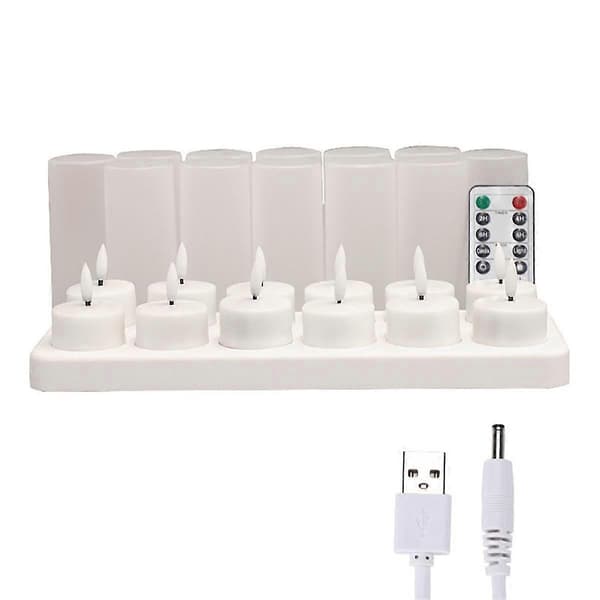 Flammefrie lys med fjernkontroll, timer og ladestasjon, 12 stk USB oppladbare LED telys-FF-