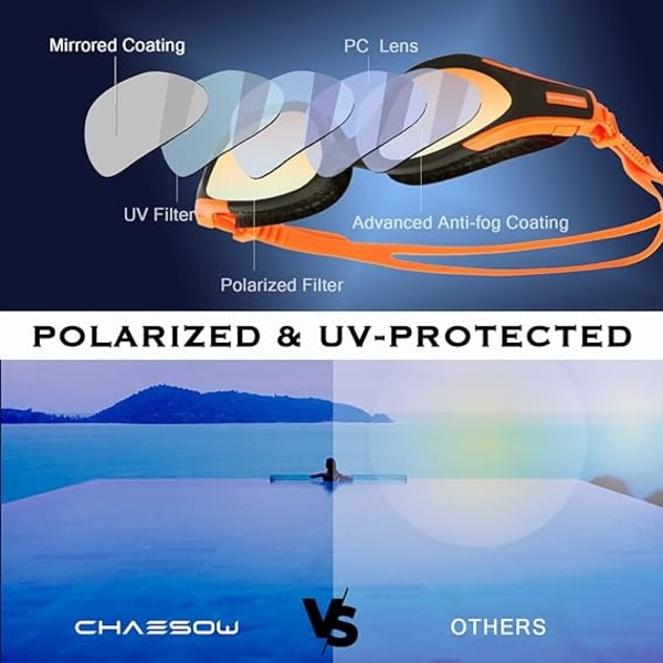 Simglasögon - UV-polariseret simglasögon for voksne for mænd og kvinder, brett synfelt, justerbart, anti-dimma, ingen läckage, orange