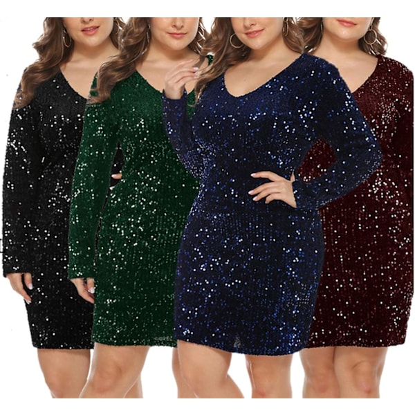 Dame Plus Size Pailletkjole V-hals Fest Cocktail Glitter Glitrende Aften Elastisk Mini Bodycon Kjoler
