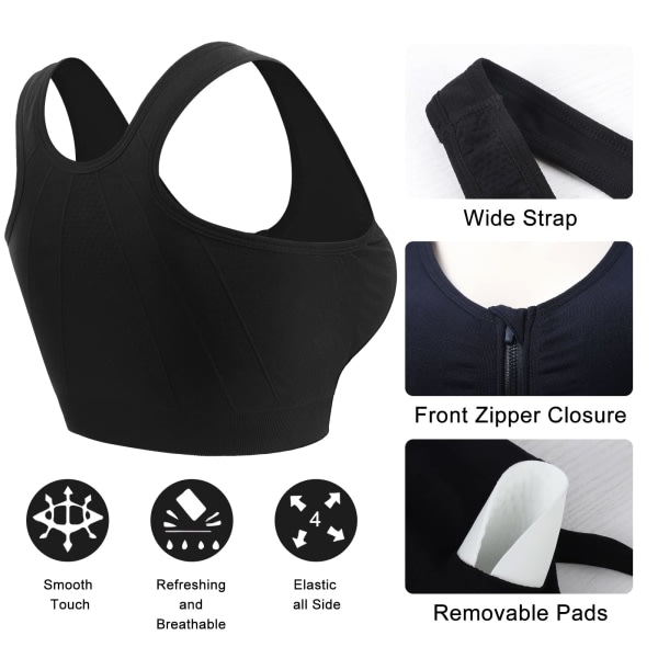 Sportbehåar med 2 dragkedjor framtill med avtagbara kuddar för löparskjorta för kvinnor Yoga linne (M)