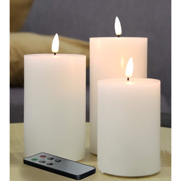 White Flat Top Flameless Stearinljus med fjernkontroll, flimrande Real Wax LED-batterilys D 3" H 4" 5" 6", 3 Pack