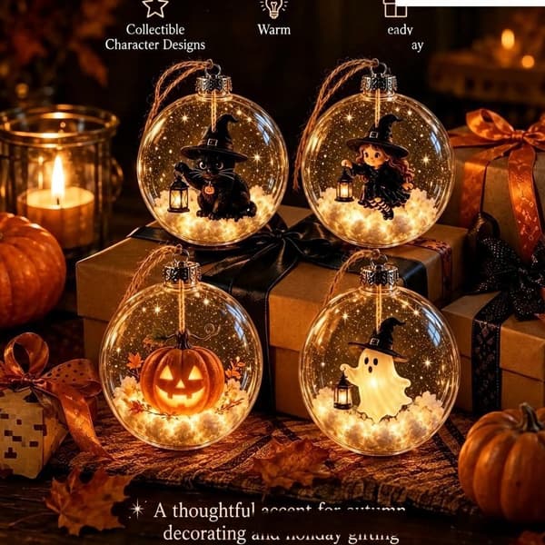 Mini Gennemsigtigt Julepyntssæt, 4 Designs Spøgelse Heks Sort Kat Græskar til Juletræsdekoration Pumpkin