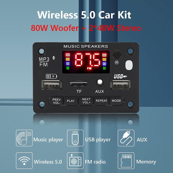 12V Bluetooth 5.0 MP3-soitin dekooderikortti 2x40W autovahvistin FM-radiomoduulin tuki TF USB Aux H Musta