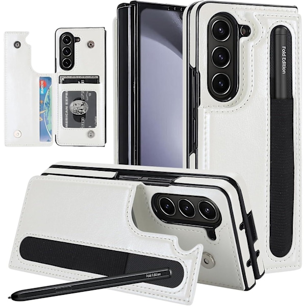Z Fold 5 Deksel, PU Lær Lommebokdeksel Kompatibel Samsung Galaxy Z Fold 5 Med S Pen Holder, Kortlommer & Stativ White-XF4-