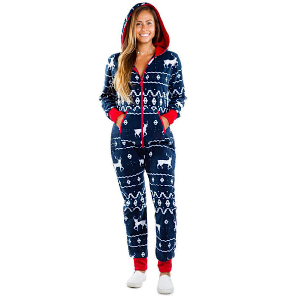 Dam Jul Xmas Pläd Huvtröja Jumpsuit Tryckt Långärmad Blue