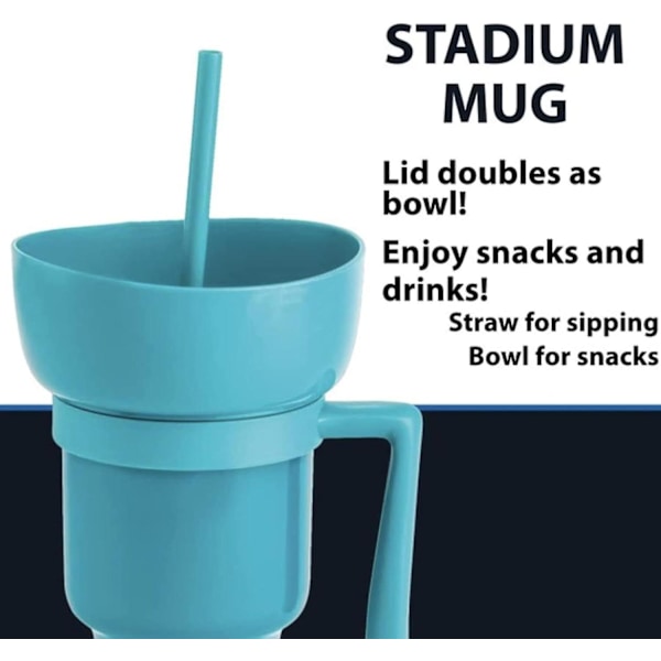 Snack- og Drikkekop 2 i 1, Stadium Tumbler, Snackkopskål med Sugerør, Genanvendelig Snack og Blue