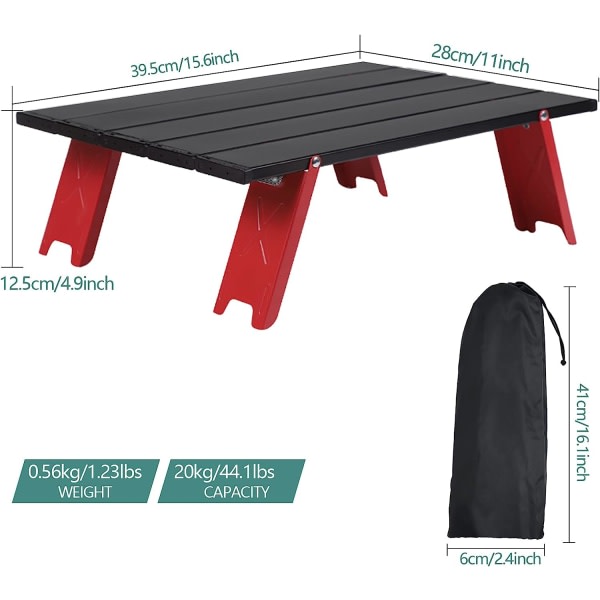 Camping hopfällbart bord, lett bærebart mini fällbart aluminiumbord med bæreveska, lite komfortabelt rullande sidobord (rød)