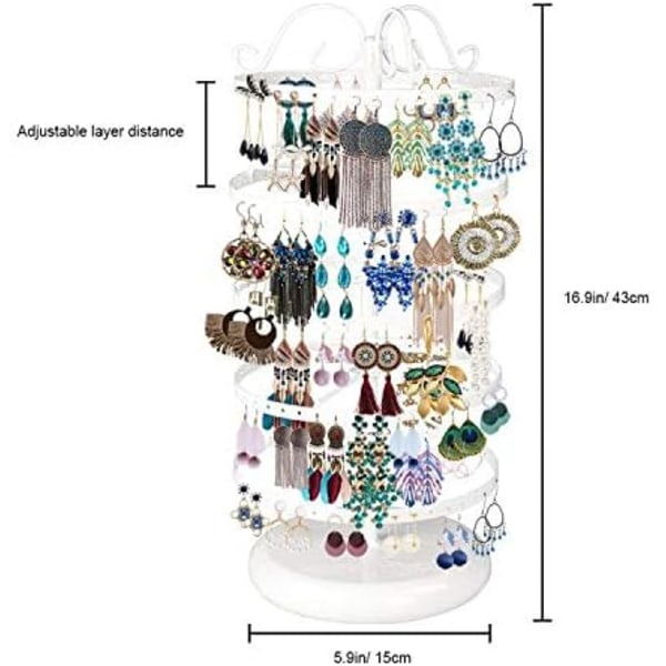 5-vånings roterande örhängehållare i metall, utsökt smyckesställ, halsbandshållare, 220 hål för örhängen - 14x6,3 tum (vit)