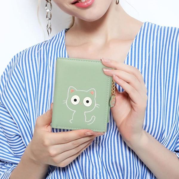 Liten plånbok för kvinnor Söta tunna RFID-läder Bifold-plånböcker för kvinnor tjejer med myntväska med dragkedja (kattgrön) Grön