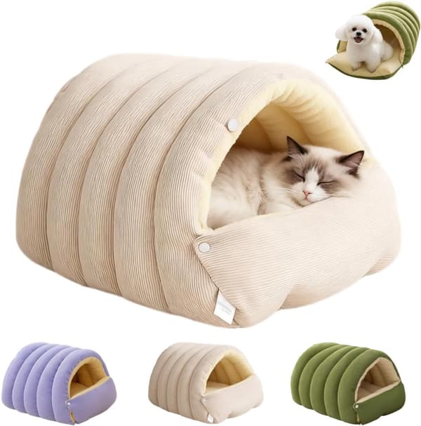 Vikbar husdjurssovsäck avtagbar kudde plyschfoder manchester beige stor 70x40x28 cm White L