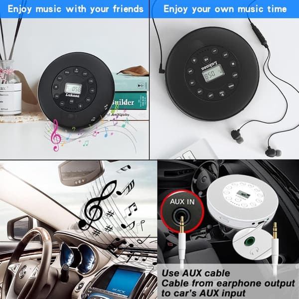Bærbar Bluetooth CD-afspiller Genopladelig MP3 USB Stødsikker Sort Black