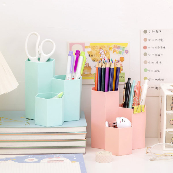 Moderne stil høj og lav tre-i-en penneholder，multifunktionel sekskantet kreativ makeupbørsteopbevaringskande, skrivebordsdekoration - pink