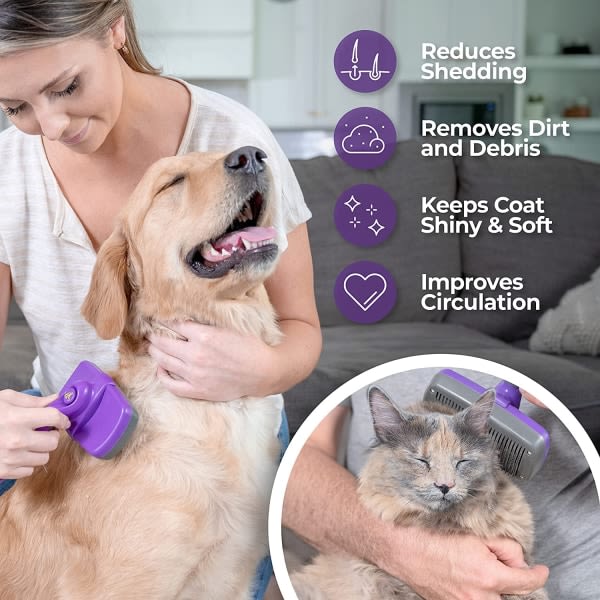 Selvrengörande slät borste for hundar og katter - den ultimate hundborsten for håravfall og päls - hårborttagningsverktøy for langt hår,