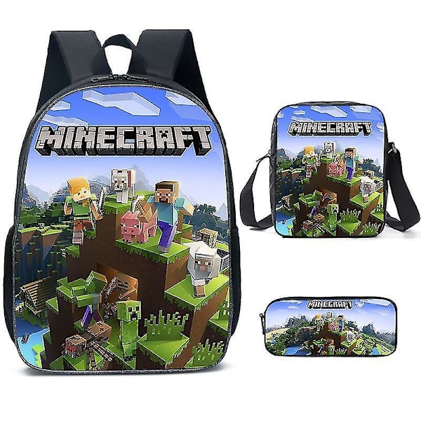 3 stk Minecraft skolesekk Ryggsekk for gutter Barn, ryggsekker med veske og penn ca. piece set