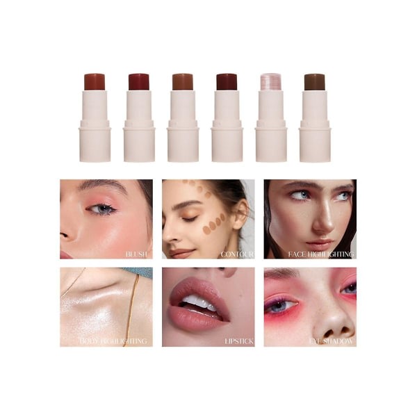 6 stk Multifunksjonell Makeup Stick Highlight Shadow Facial Repair Rouge Powder Blush Stick