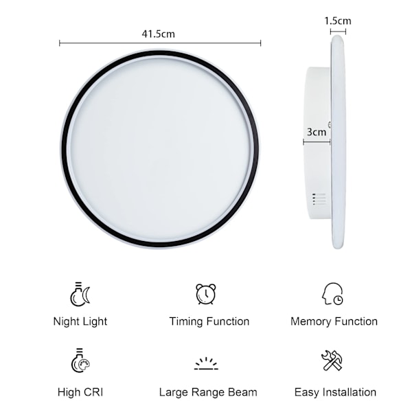 LED taklampe med fjernkontroll, dimbar, 25W svart LED taklampe Φ40CM 3000K-6000K, indirekte belysning taklampe for soverom