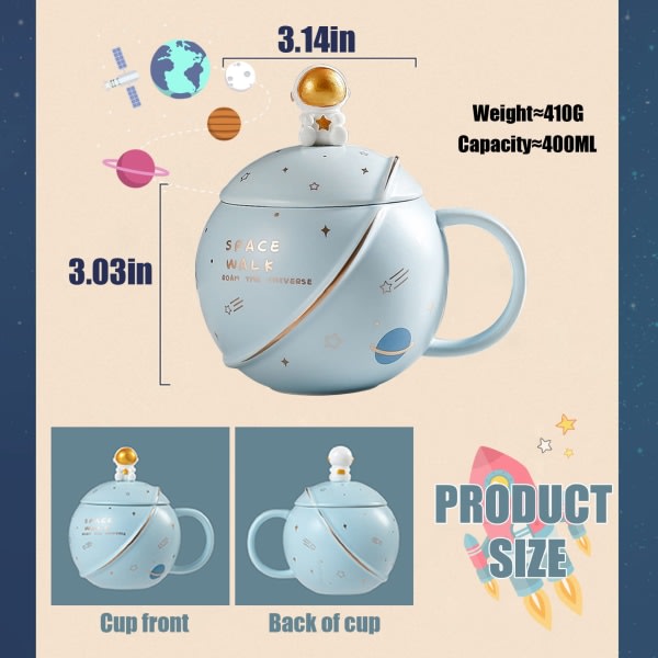 Söt rymdkeramisk mugg, astronautkaffekopp, roliga muggar med lock och sked, personliga koppar för kaffe, te och mjölk, 400 ml (ljusblå)
