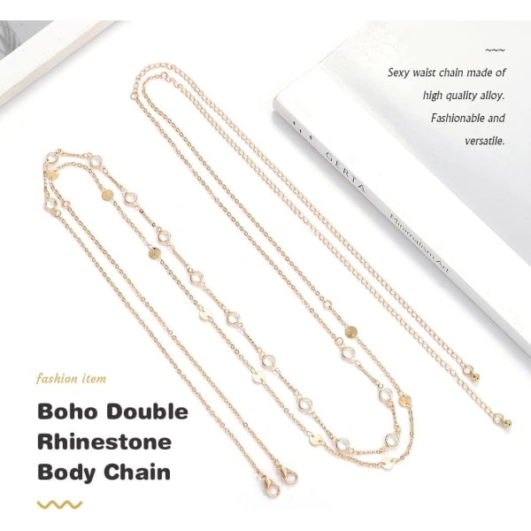 Boho Lagdelt Rhinestone Magekjede Gullperler Mage Midjekjeder Paljetter Belte Body Chain Smykker for kvinner og jenter