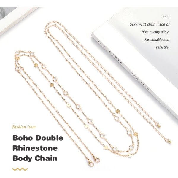 Boho Lagdelt Rhinestone Mavekæde Guldkugler Mave Midjekæder Paljetter Bælte Body Chain Smykker til Kvinder og Piger