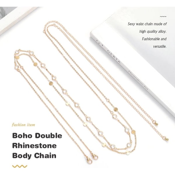 Boho Layered Rhinestone Belly Chain Guldpärlor Mage Midjekedjor Paljetter Bält Body Chain Smycken for kvinder og flickor