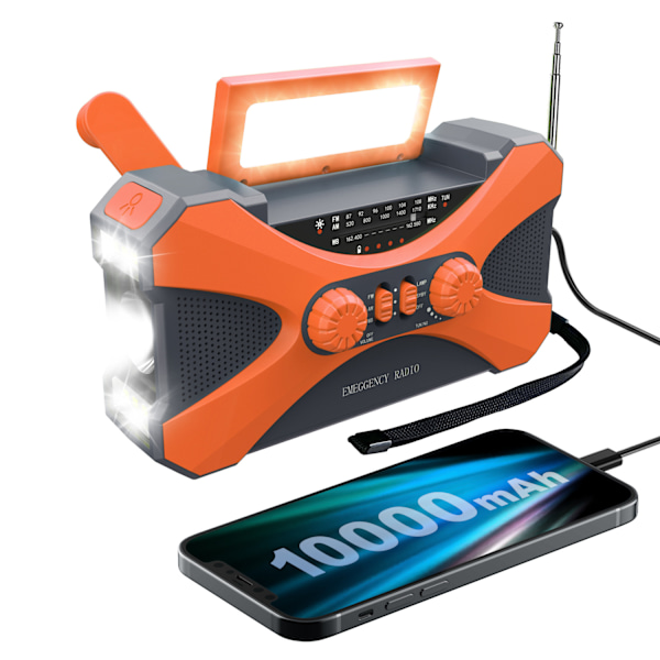 10000mAh solardriven nödradio med vev, med handvevsgenerering, ficklampa, USB-multifunktionsradio, orange