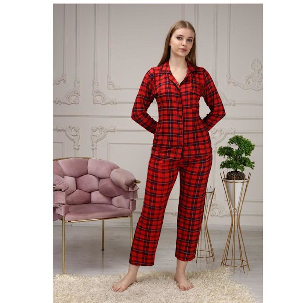 Dam Knäppt Ficka Gingham-mönstrad Maskulin Krage Pyjamas Set Röd Red 42