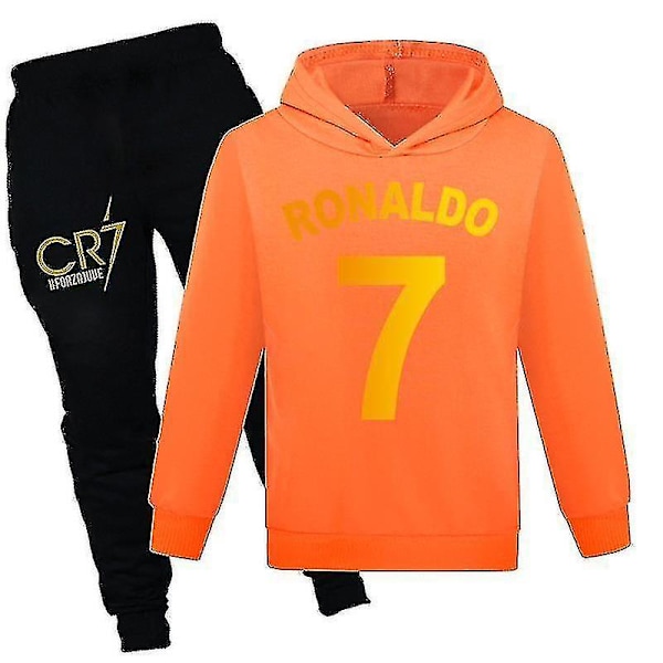 Barn Gutter Ronaldo 7 Trykk Avslappet Hoodie Treningsoverall Sett Hoody Topp Bukser Dress Orange Orange 140CM 9-10Y