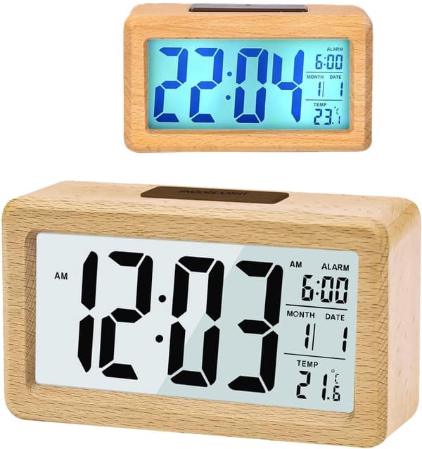 Vækkeur i træ med sensor, stort display, dato, temperatur, natlys, snooze