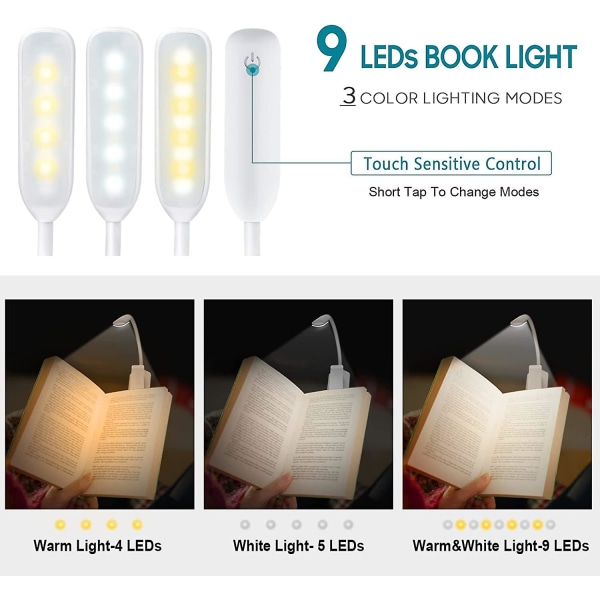 9 LED-leselys, USB-oppladbar klips på leselys
