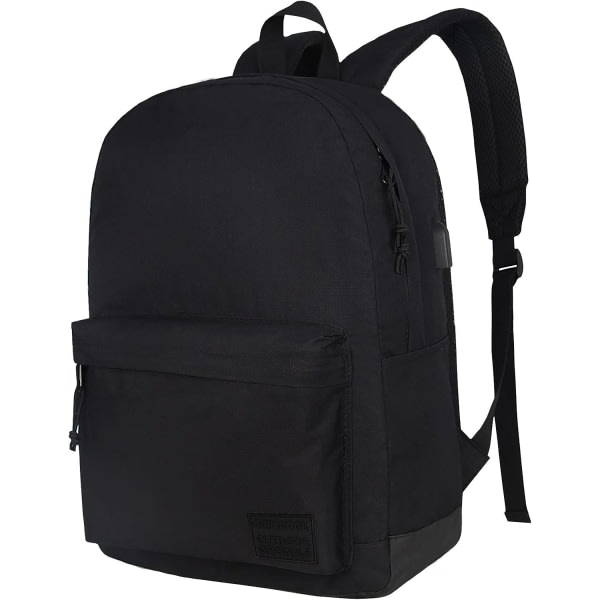 Lätt afslappet computerryggsäck med USB-opladning for mænd og kvinder, ryggsäck for daglig brug, ryggsäck for college (helsvart)