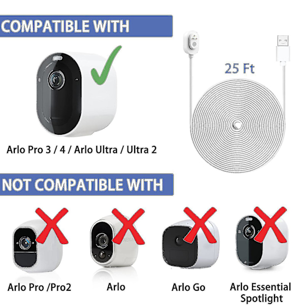 Værbestandig utendørs ladekabel, 25 fot/7,6 m, for Arlo Ultra/ultra 2/pro 3/pro 4/go 2/pro 5s (svart) [kk]