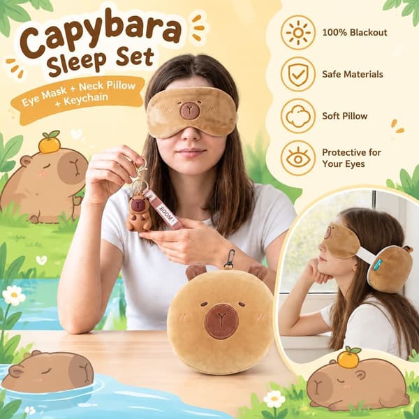 Capybara resekudde 2-i-1-set med sovmask och nyckelring