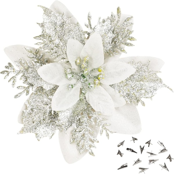 15 stk Sølv julestjerner kunstige blomster med klips