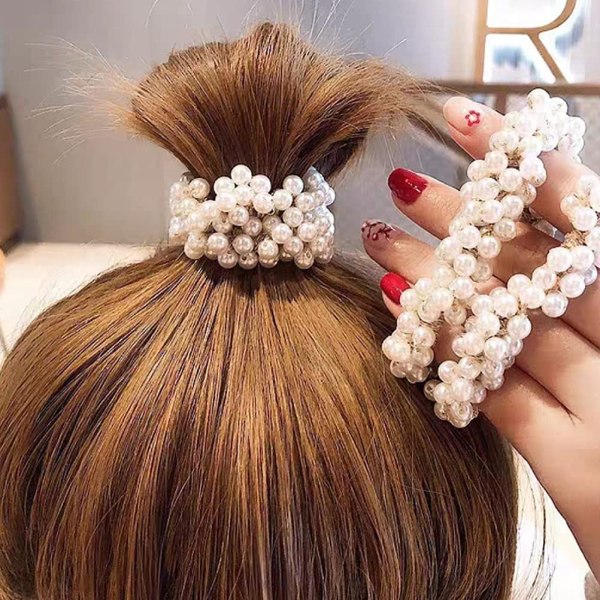 4 st Pearl Hair Scrunchies, elastiska hårrep hästsvanshållare