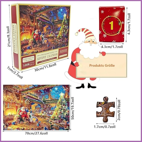 Joulun Puzzle-Adventikalenteri 2024 - Joulupukki-Puzzle 1008 Palalla - Monivärinen MultiColor Tomte - 8001