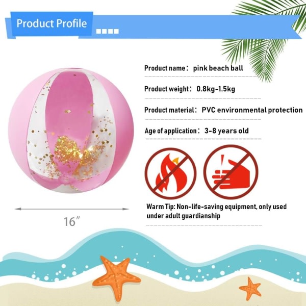 Uppblåsbar Glitter Beach Ball 16" Tillbehör Confetti Pink