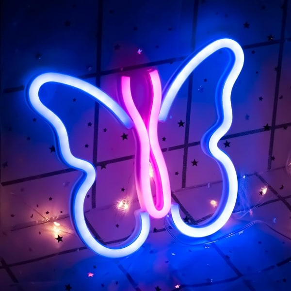 Butterfly Neon-skilte til vægdekoration i soveværelset, USB eller batteri LED-vægdekoration (blå/lyserød) Blå/lyserød 9,05" x 7,48"