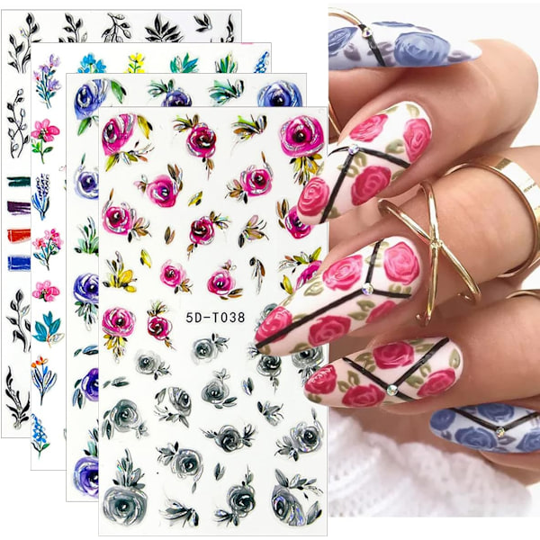 Blomma Nail Art Stickers 5D Präglade Graverade Nageldekaler Vår Sommar Nail Art Tillbehör Blommiga Leaf Rose Tulpan 4 STK