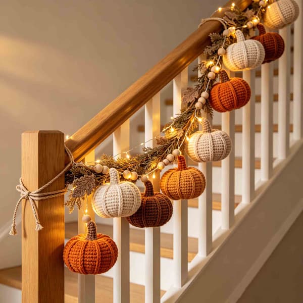 Efterårsgræskar lyskædekrans, strikket efterårsguirlande til Halloween Thanksgiving juledekoration Pine Cone String