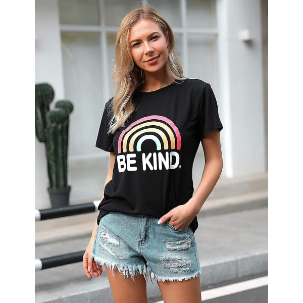 Rundhalset korte ermede sommeroverdeler for kvinner Søt regnbue-grafisk T-skjorte (svart, XXL)