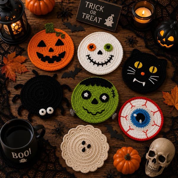 Hæklede Halloween-underlag, håndlavede græskar-spøgelses-monster-garn-drikkemåtter til borddekoration White Spiderweb