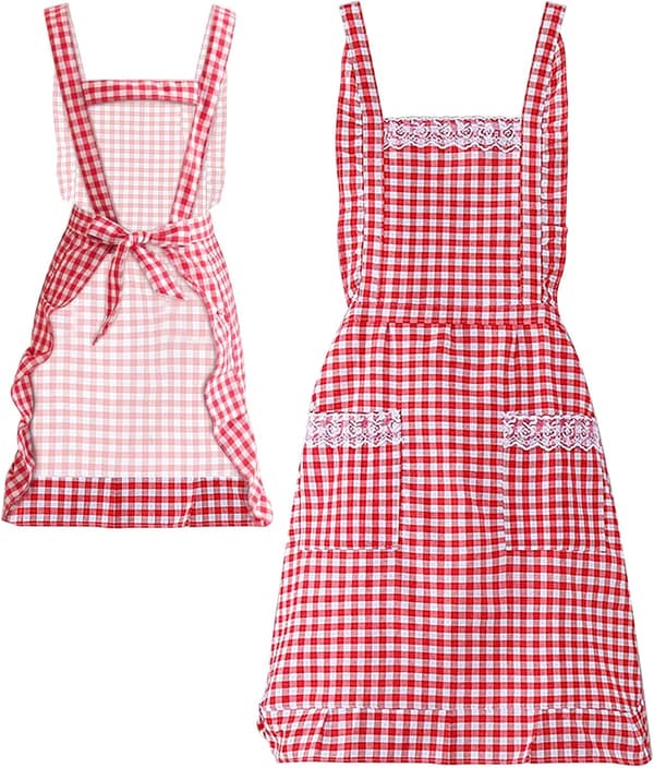 Køkkenforklæde til kvinder, klassisk vintageforklæde til kvinder, rød og hvid gingham bomuldsforklæde