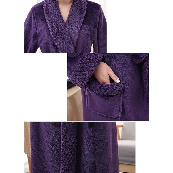 Dame Lang Morgenkåbe Dame Mikrofiber Vinter Varm Fluffy Morgenkåbe Badkåbe Nattøj Julegave - Lilla L