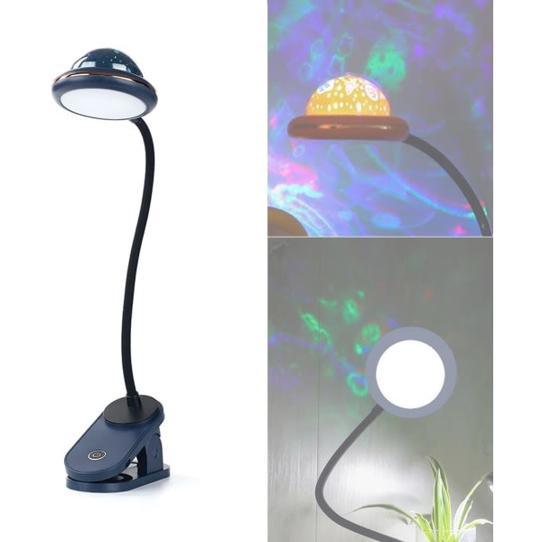 Klämlampa för barn, USB uppladdningsbar LED-stjärnprojektionsläslampa, svanhalslampa vid sängkanten (blå)