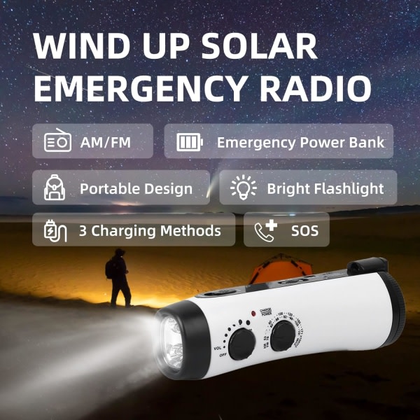 Weojeviy Wind Up Radio, Solar Hand Crank Emergency Radio Generator AM/FM för utomhusbruk och nödsituationer (vit)