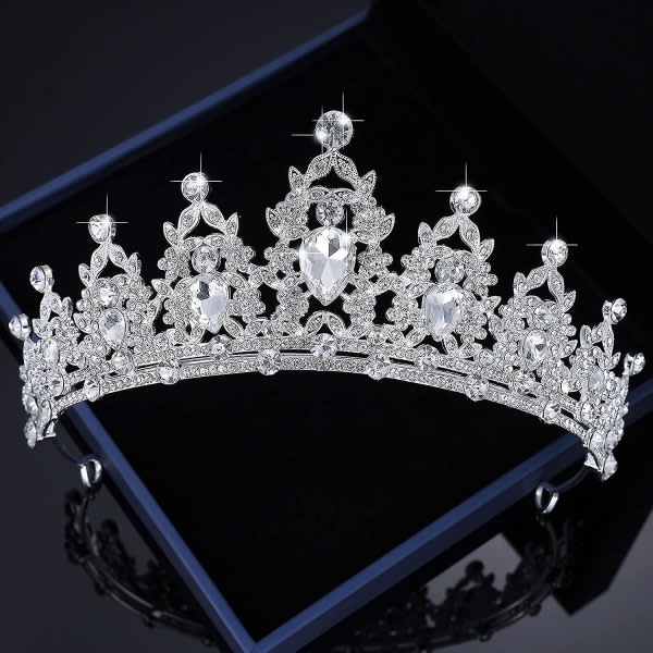 Drottningens krona och tiara kristallpannband för kvinnor och flickor, prinsessbröllop och fest (silver)