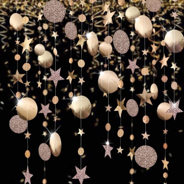 Samppanja guld fest koristelu prickiga krans blinkande stjärnor hängande streamer stjärnor banneri bakgrund jul