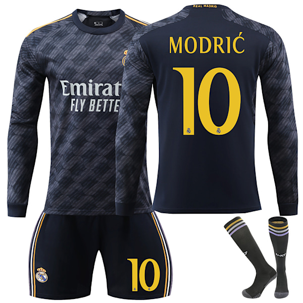 Real Madrid Borta Fotbollströja med Långa Ärmar för Barn, Set med Fotbollsutrustning 23-24 Nr 10 Modric No.10 Modric XL