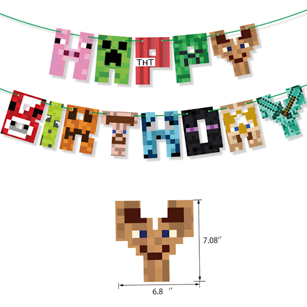 Minecraft-teemainen syntymäpäiväbanneri, ilmapallot ja juhlatarvikkeet